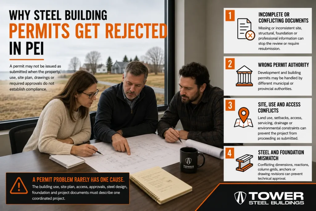 Project team reviewing a PEI steel building permit rejection involving land use site documents and foundation coordination