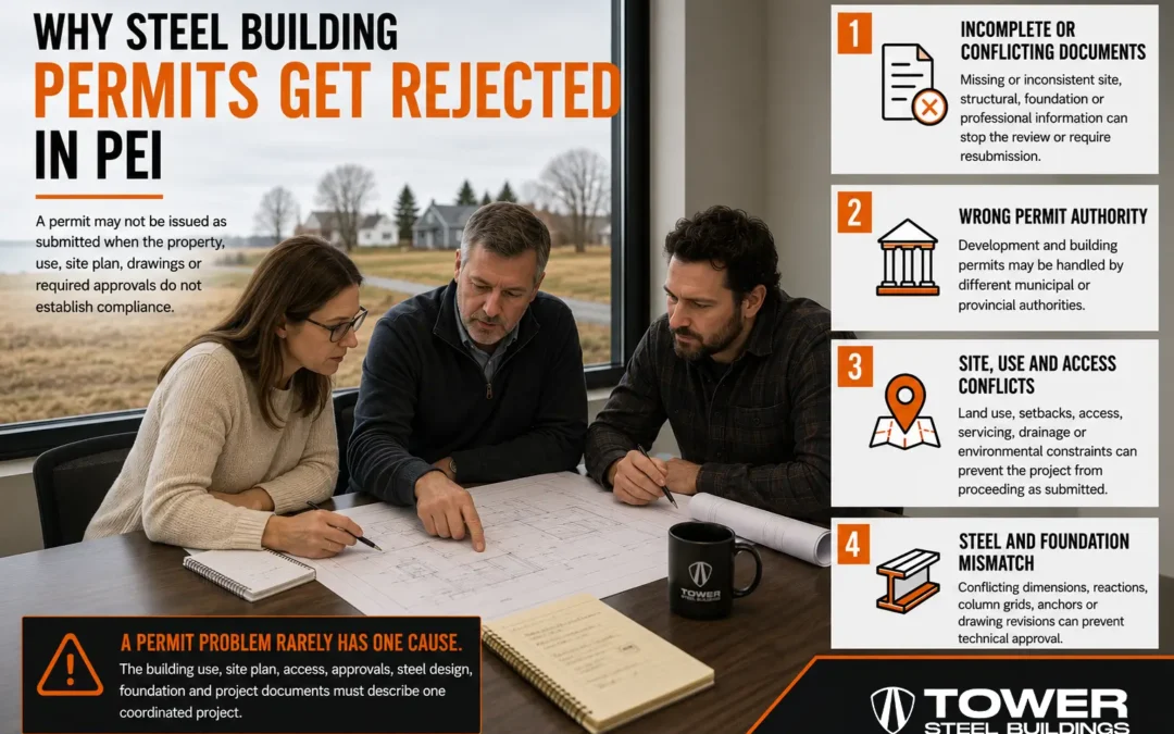 Project team reviewing a PEI steel building permit rejection involving land use site documents and foundation coordination