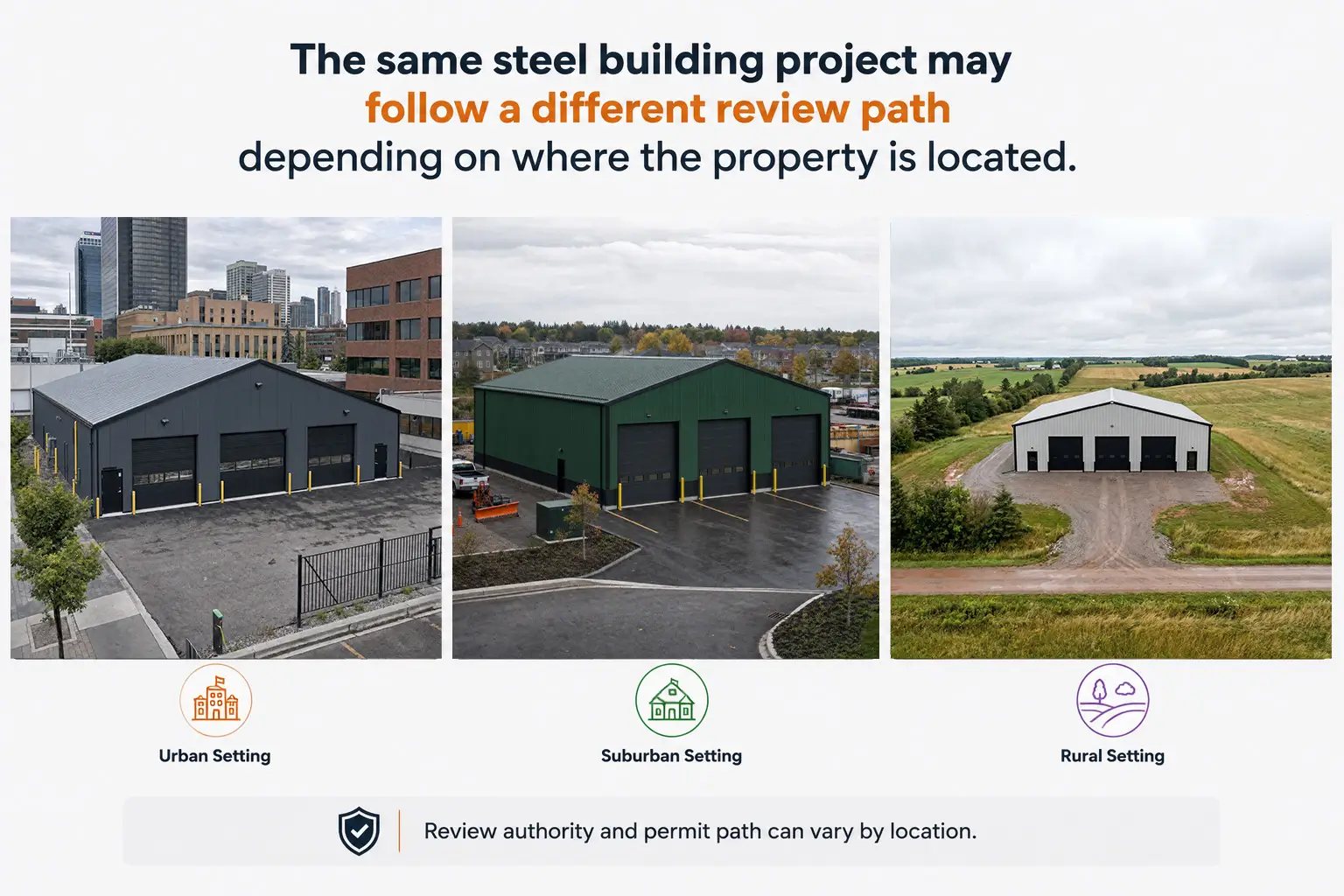 PEI steel building permit timeline image showing urban, suburban, and rural settings with different review paths based on property location
