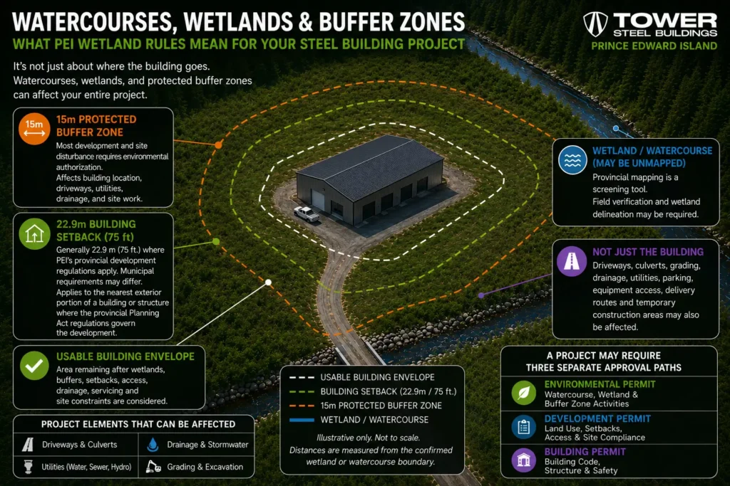PEI steel building site showing 15 metre wetland buffer 22.9 metre building setback and usable project area