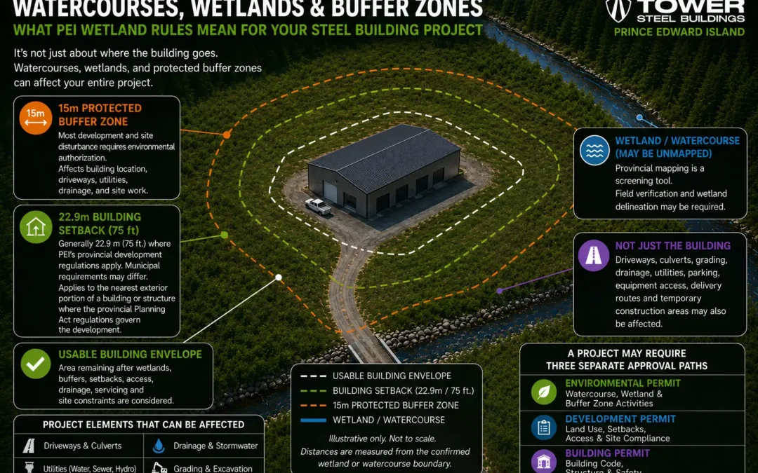 PEI steel building site showing 15 metre wetland buffer 22.9 metre building setback and usable project area