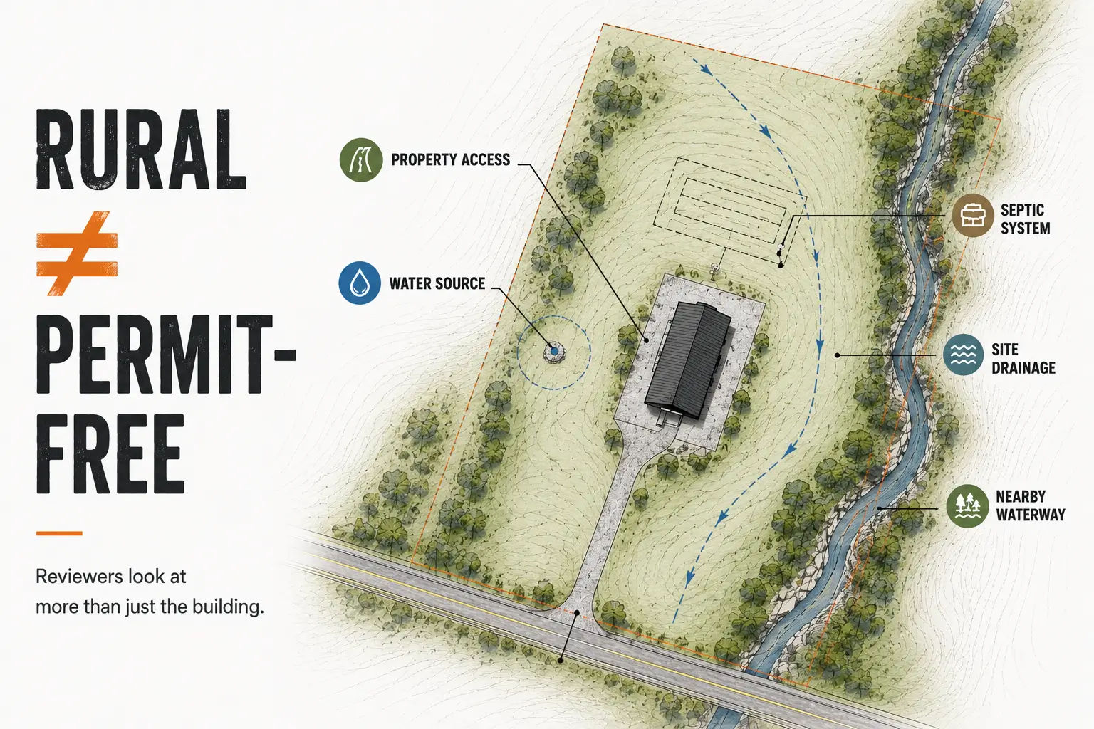 Rural PEI steel building permit planning with property access, water source, septic system, site drainage, and nearby waterway review