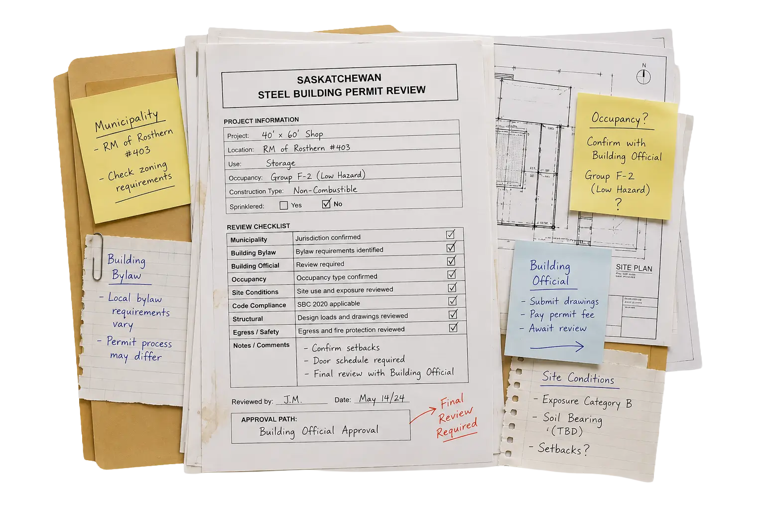 Saskatchewan steel building permit review file with local authority notes, Building Official review, occupancy questions, site conditions, and final review requirements.
