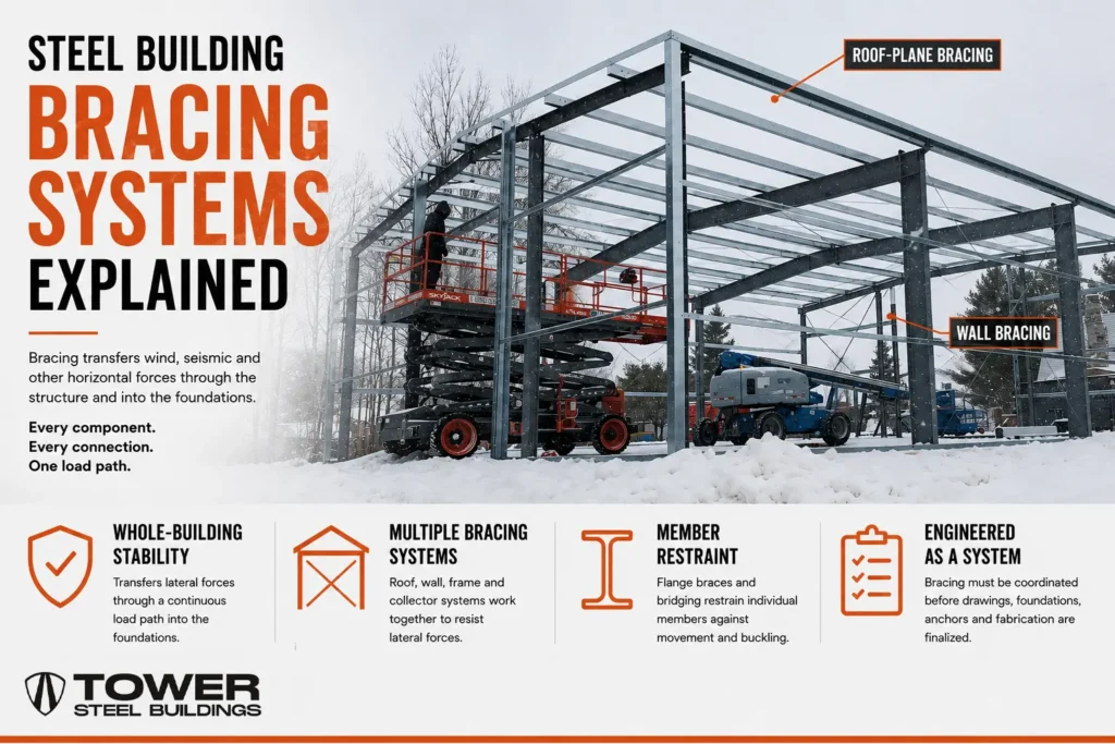 Steel building frame under construction in winter with roof and wall bracing and an infographic explaining structural load paths.