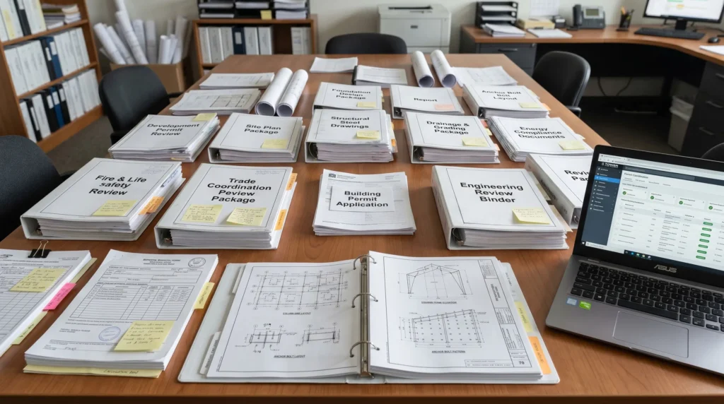 New Brunswick steel building permit cost planning with development review foundation drawings NECB trade permits and revision packages
