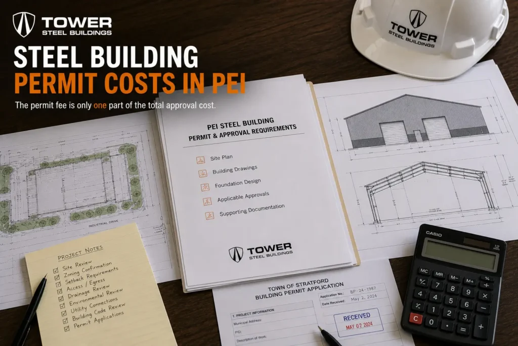 PEI steel building permit cost planning with site drawings fee checklist permit worksheet and calculator