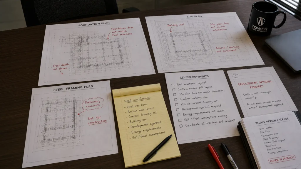 Saskatchewan steel building permit review package with site plan foundation reactions anchor bolts and development approval comments