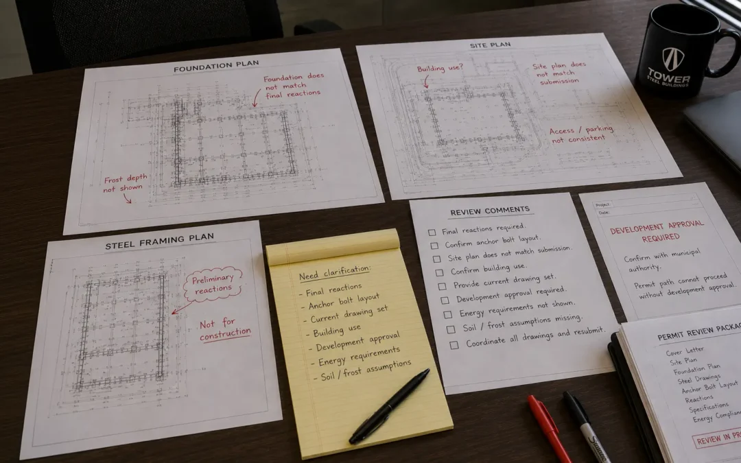 Saskatchewan steel building permit review package with site plan foundation reactions anchor bolts and development approval comments