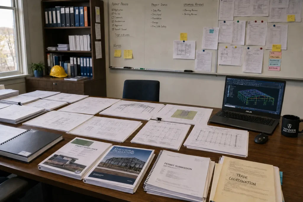 New Brunswick steel building permit timeline planning with site plans structural drawings foundation review and permit process board