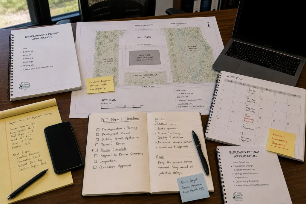 PEI steel building permit timeline with site plan development application review comments inspections and occupancy planning