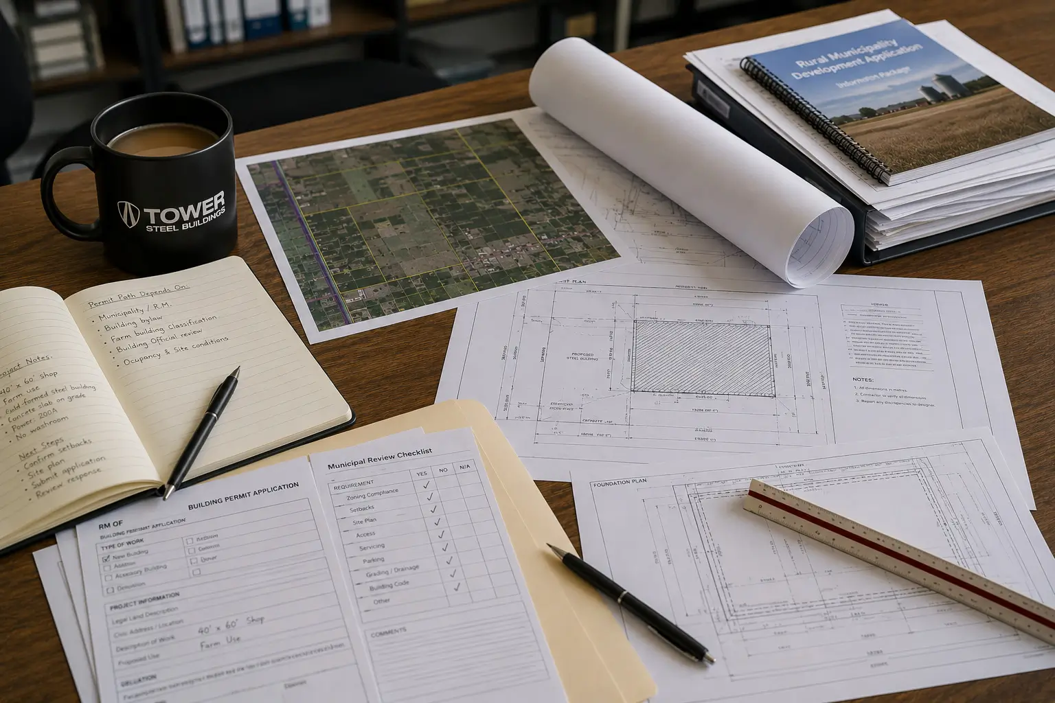 Saskatchewan steel building permit path planning desk with rural municipality application, site plan, zoning notes, foundation plan, review checklist, and project documents.