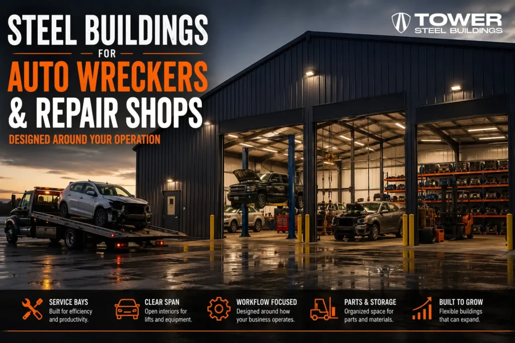 auto repair steel building Ontario with service bays and vehicle lifts