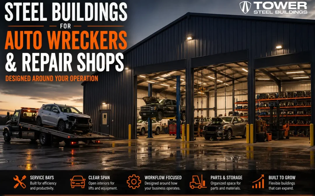 auto repair steel building Ontario with service bays and vehicle lifts