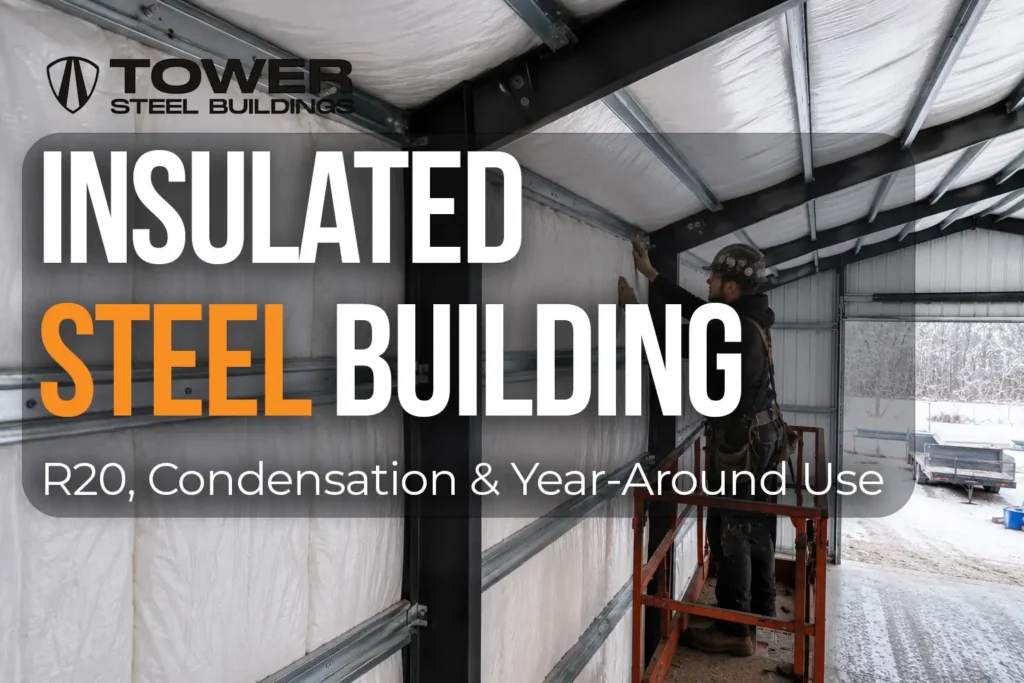 insulated steel buildings Ontario with R20 insulation and condensation control