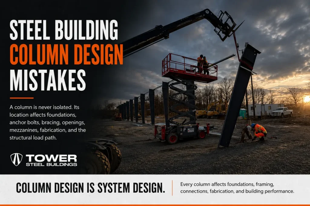 Steel building column design mistakes affecting foundations anchor bolts bracing openings mezzanines fabrication and structural load path