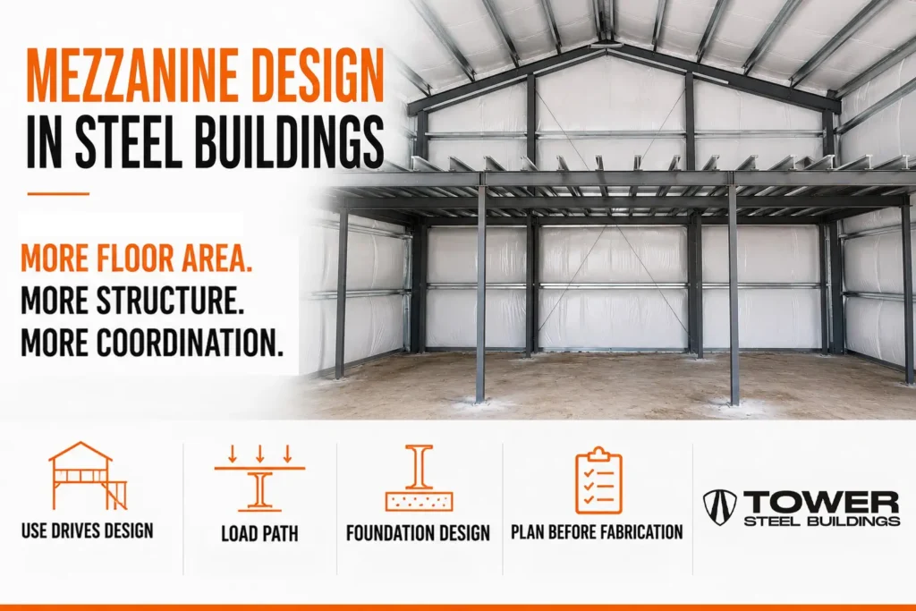 Steel building mezzanine with independent columns showing load path, foundation design and early project coordination