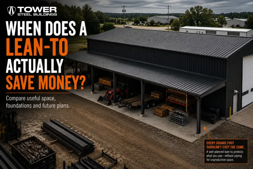 Steel building lean-to Ontario attached to a commercial metal building